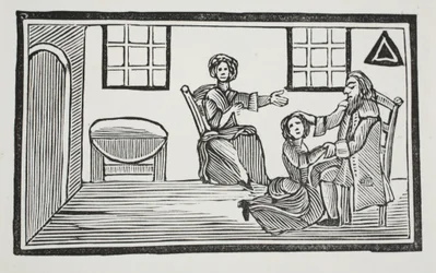 Śliczna Bessie otrzymująca błogosławieństwo ojca, gdy idzie szukać środków do życia, ilustracja z książki Chap-books of the Eighteenth Century Johna Ashtona, pub. 1882