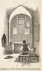 Więzień przy pracy przy robieniu butów w oddzielnej celi, ilustracja z The Criminal Prisons of London i Scenes from Prison Life Henry