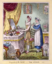Postęp toalety - The Stays Plate 1, wyd. McCleary, Londyn, 1810 (ręcznie barwiony grawerunek)