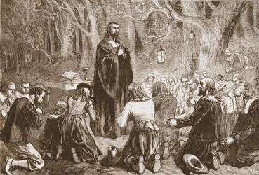 Protestanckie nabożeństwo w nocy w kościele na pustyni, ilustracja z Historii protestantyzmu Jamesa Aitkena Wylie (1808-1890), wyd. 1878
