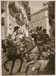 Publiczne przyjęcie księcia Karola w Madrycie, ilustracja z Cassell Illustrated History of England (zdjęcie w sepii)