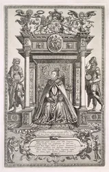 Królowa Elżbieta I (1533-1603) jako patronka geografii i astronomii, Frontispiece do księgi Saxon Maps of England, 1579