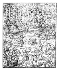 Królowa Elżbieta I (1533-1603) na pikniku myśliwskim, płyta z "Noble Art of Venerie and Hunting" George