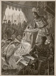 Królowa Filipa wstawiająca się za mieszczanami z Calais, ilustracja z Cassells Illustrated History of England (zdjęcie w sepii)