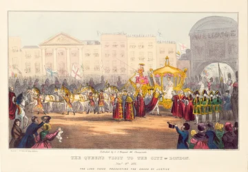 Królowa Wiktoria wkraczająca do londyńskiego City w Temple Bar, grawerowana przez G. Tregeara, 1837