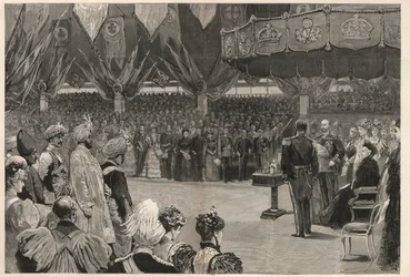 Królowa Wiktoria otwiera Instytut Imperialny Wielkiej Brytanii, Kolonii i Indii w Londynie, maj 1893.