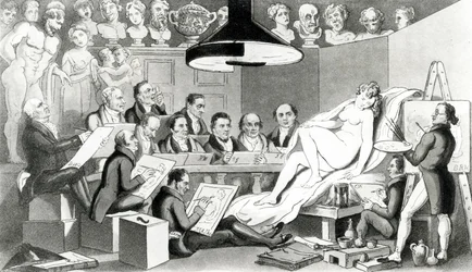 R. A.s of Genius zastanawiający się nad prawdziwą linią Beauty at the Life Academy Somerset House, opublikowane przez Sherwood, Jones & Co., 1824