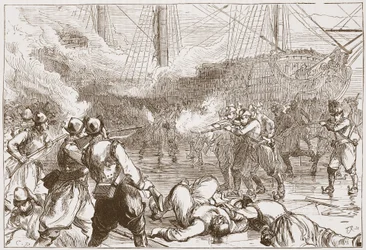 Odparcie hiszpańskich żołnierzy pod Amsterdamem, ilustracja z Historii protestantyzmu Jamesa Aitkena Wylie (1808-1890), wyd. 1878