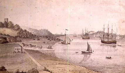Krajobraz rzeki z żeglugą i autokarem Dover, ok. 1800 (pióro i pranie) (para 72977)