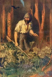 Robinson Crusoe samotny na wyspie, ilustracja z „Robinson Crusoe” Daniela Defoe, wydana ok. 1911 (kolor lito)