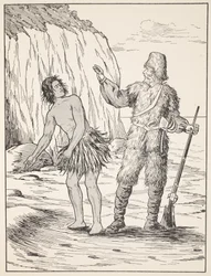 Robinson Crusoe i piątek, ilustracja z The Story of Robinson Crusoe: Adaptacja dla dzieci posługujących się językiem Defoes, wyd. przez Griffith Farran Browne & Co. Limited, Londyn