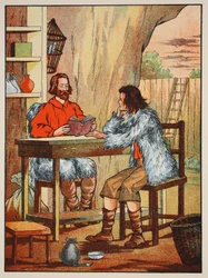 Robinson Crusoe i piątek, ilustracja z The Story of Robinson Crusoe: Adaptacja dla dzieci posługujących się językiem Defoes, wyd. przez Griffith Farran Browne & Co. Limited, Londyn