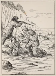 Robinson Crusoe i Friday ratujący Hiszpana, ilustracja z The Story of Robinson Crusoe: Adaptacja dla dzieci posługujących się językiem Defoes, wyd. przez Griffith Farran Browne & Co. Limited, Lo