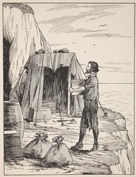 Robinson Crusoe budujący swoje schronienie, ilustracja z The Story of Robinson Crusoe: Adaptacja dla dzieci posługujących się językiem Defoes, wyd. przez Griffith Farran Browne & Co. Limited, Londyn