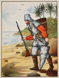 Robinson Crusoe, ilustracja z The Story of Robinson Crusoe: Adaptacja dla dzieci posługujących się językiem Defoes, wyd. przez Griffith Farran Browne & Co. Limited, Londyn