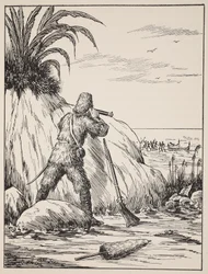 Robinson Crusoe, ilustracja z The Story of Robinson Crusoe: Adaptacja dla dzieci posługujących się językiem Defoes, wyd. przez Griffith Farran Browne & Co. Limited, Londyn