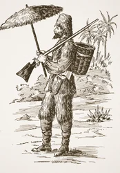 Robinson Crusoe, ilustracja z The Story of Robinson Crusoe: Adaptacja dla dzieci posługujących się językiem Defoes, wyd. przez Griffith Farran Browne & Co. Limited, Londyn
