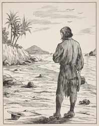Robinson Crusoe na swojej wyspie, ilustracja z The Story of Robinson Crusoe: Adaptacja dla dzieci posługujących się językiem Defoes, wyd. przez Griffith Farran Browne & Co. Limited, Londyn