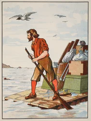 Robinson Crusoe na tratwie, ilustracja z The Story of Robinson Crusoe: Adaptacja dla dzieci posługujących się językiem Defoes, wyd. przez Griffith Farran Browne & Co. Limited, Londyn