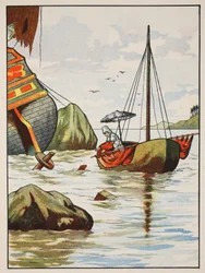 Robinson Crusoe ratujący psa z hiszpańskiego wraku statku, ilustracja z The Story of Robinson Crusoe: Adaptacja dla dzieci posługujących się językiem Defoes, wyd. autor: Griffith Farran Browne & Co. Limi
