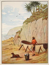 Czółno Robinson Crusoes, ilustracja z The Story of Robinson Crusoe: Adaptacja dla dzieci posługujących się językiem Defoes, wyd. przez Griffith Farran Browne & Co. Limited, Londyn