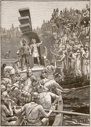 Rzymscy żołnierze opuszczający Brytanię, ilustracja z Cassells Illustrated History of England (zdjęcie w sepii)