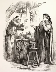 Romeo kupuje truciznę od aptekarza, ilustracja od Romea i Julii, z „Ilustrowanej Biblioteki Szekspira”, wydanej w Londynie 1890 (lito)