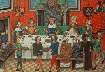 Roy 14 E IV f.244v, Książę Lancasteru spożywa posiłek z królem Portugalii, z t. III „Od koronacji Ryszarda II do 1387 roku”, autorstwa Jeana de Batard Wavrina