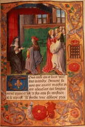 Roy 16 F II f.137 opatka i jej uczennica otoczona grupą pań słuchających, z „Listów ksieni Heloise”, ok. 1500 (welum)