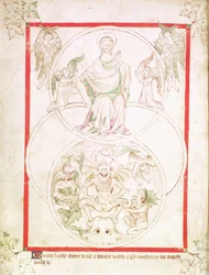 Roy 2 B VII f.1v Upadek Lucyfera, z psałterza królowej Marii, c.1310-20 (welum)