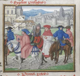 Royal 18 D.II, f.148 Koniec prologu. John Lydgate i pielgrzymi z Canterbury opuszczający Canterbury, ilustracja z „John Lydgate, Troy Book and Siege of Thebes, z wierszami Williama Cornisha, Johna Skeltona, Williama Peerisa i innych”, c.1455-62 (wellum