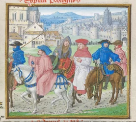 Royal 18 D II f.148 Lydgate i Canterbury Pilgrims opuszczają Canterbury z „Księgi Troi i oblężenia Teb” Johna Lydgate (ok.1370-c.1451) 1412-22 (wellum) (szczegół z 8063)