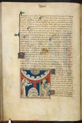Royal 19 B.XV, f.17v Paszcza lwa, a na odwróconym łuku obłoku sześć głów przedstawiających siedem gromów: poniżej, po lewej stronie, anioł, a po prawej Jan, który zamierza pisać w księdze, od 