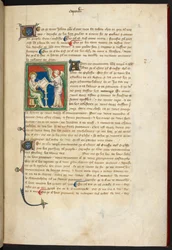 Royal 19 B.XV, f.3 John siedzący, pisanie; za jego biurkiem stoi anioł, z „Apokalipsy królowej Marii”, Szkoła angielska (XIV w.)