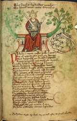 Royal 20 A. II f.8 Król Ryszard I z mieczem na tronie, ilustracja z „Kroniki Anglii”, autorstwa Petera de Langtoft (wellum)