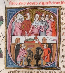 Royal 6 E. VI, f.259v, uczta królów i królowych, z „Omne Bonum”