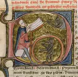 Royal MS 6E VI fol.535v A Magician Summoning Demons, z „Omne Bonum” Jamesa le Palmera