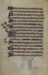 Royal ms 2_B VII f.177v Bas-de-page scena dwóch kobiet niosących jastrzębie i małego psa przed nimi, z zamieszkanym inicjałem, ilustracja z „Królowej Marii Psałterz”