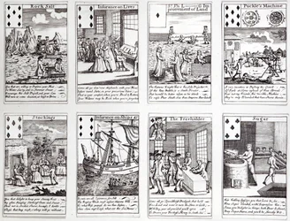 Zestaw kart do gry przedstawiający satyryczne sceny z bieżących przedsięwzięć komercyjnych i inwestycji, ok. 1720