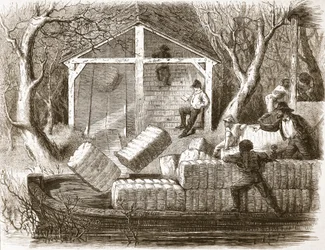 Strzelanie belami Cottina do dziobowej części parowca rzecznego Magnolia, ilustracja z The Illustrated London News, 1861