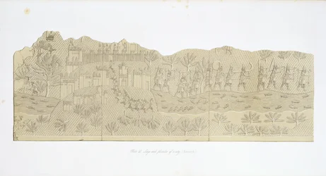 Oblężenie i plądrowanie miasta, Koujunjik, tablica 40 z Niniwy i jej pozostałości, Austen Henry Layard (1817-94) opublikowana w 1849 r.