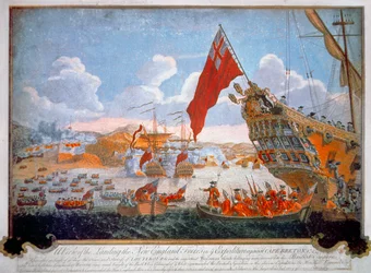 Oblężenie francuskiej fortecy Louisbourg w 1745 przez brytyjskie statki i kolonistów z Nowej Anglii (kolor lito)