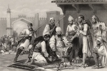 wojska sikhijskie dzielące łup zabrany buntownikom, z „Historii indyjskiego buntu” opublikowanej w 1858 r.