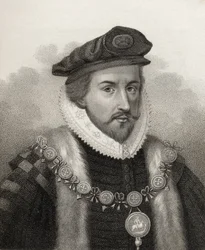 Sir Christopher Hatton, sztychowany przez Bocqueta, ilustracja z „Katalogu autorów królewskich i szlacheckich, tom II”, wydanego w 1806 r.