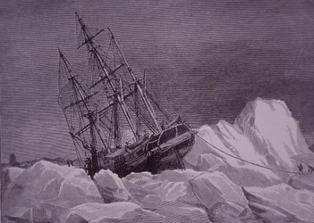 Sir John Franklin, wyprawa 1845 w poszukiwaniu Przejścia Północno-Zachodniego, statek Terror zatopiony w lodzie, koniec XIX wieku (rycina)
