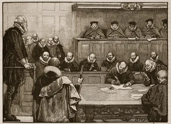 Sir Walter Raleigh przed sędziami, ilustracja z Cassells Illustrated History of England (zdjęcie w sepii)