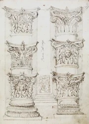 Sześć kapitalików, podstawa Lesene i dwie kolumny, Folio 1, The Master of the Oxford Album, c.1512-17 (pióro i ciemnobrązowy atrament)