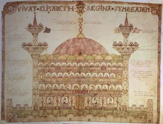 Sloane 5234 fol.91v-92 Reprezentacja Hagia Sophia, Konstantynopol, z wierszem Thomasa Morgana (welum)