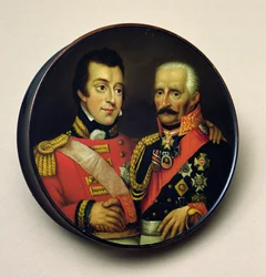 Tabakiera z portretami Artura Wellesleya (1769-1852) księcia Wellington i Gebbarda Leberechta (1742-1819) feldmarszałka, księcia von Blucher (drewno malowane)