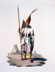Żołnierz Albanii, piechota armii osmańskiej, 1818 (kolorowa akwatinta)
